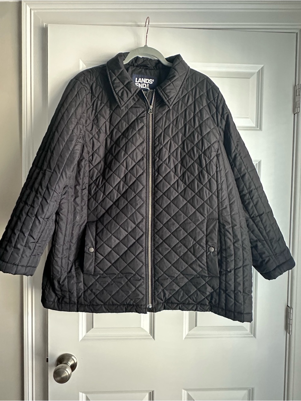 Lands' End Black Diamond-Quilt Puffer Jacket with Snap Pockets